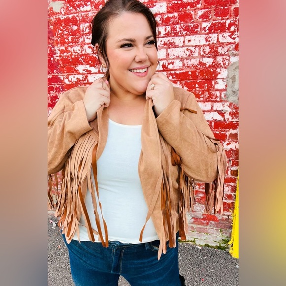 Festival Ready Camel Vegan Suede Fringe Jacket - Picture 1 of 16